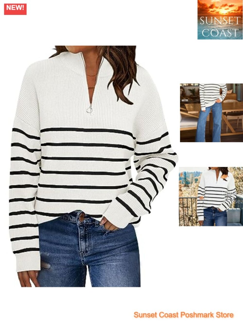Quarter Zip Striped Oversized Ribbed Knit Pullover Sweater